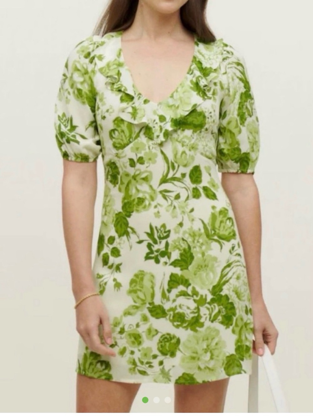Reformation Green Floral Ruffle V-Neck Mini Dress